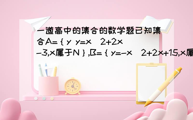 一道高中的集合的数学题已知集合A=｛y y=x^2+2x-3,x属于N｝,B=｛y=-x^2+2x+15,x属于N｝求A与B的交集