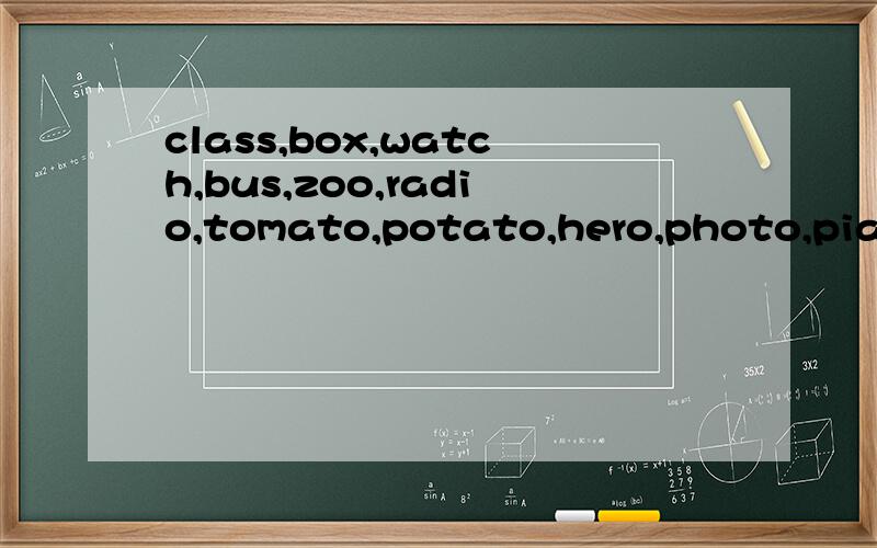class,box,watch,bus,zoo,radio,tomato,potato,hero,photo,piano的复数形式是什么