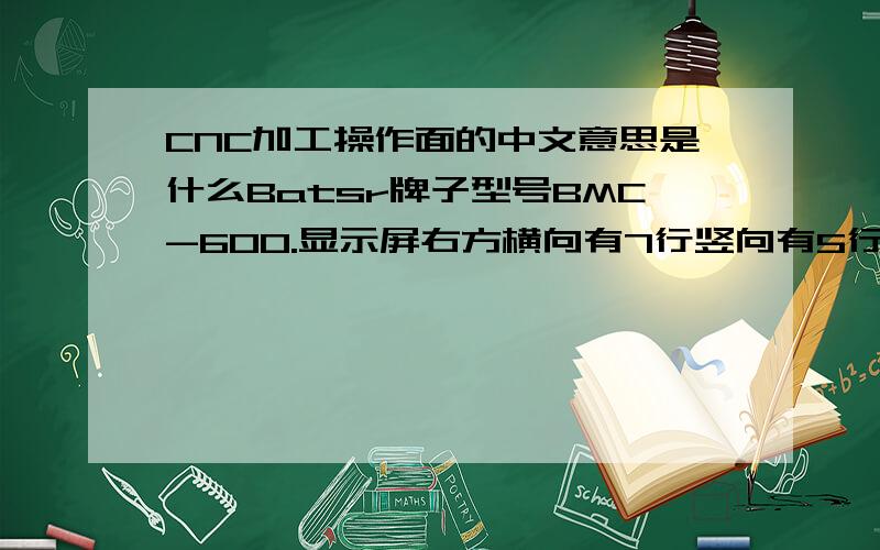 CNC加工操作面的中文意思是什么Batsr牌子型号BMC-600.显示屏右方横向有7行竖向有5行的全英文控制画面,右上角是ALTER,顺往下是INSRT,DELET,/.#EOB,再往下还有三个按钮已看不到.这是二手机,除了这7