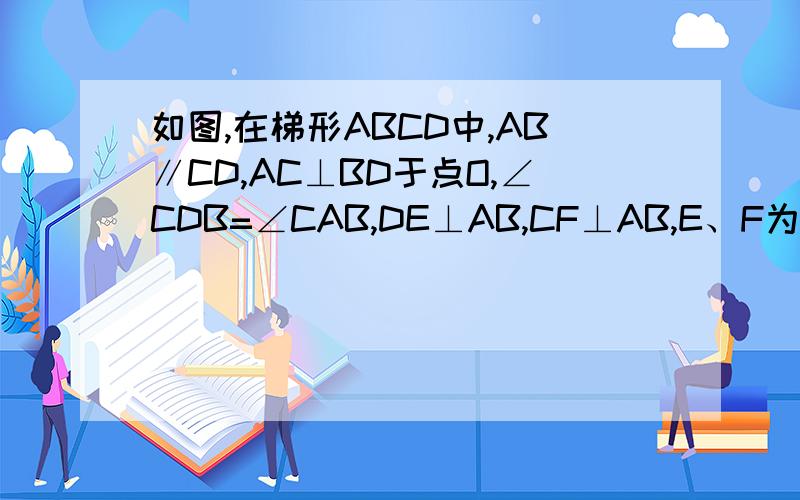 如图,在梯形ABCD中,AB∥CD,AC⊥BD于点O,∠CDB=∠CAB,DE⊥AB,CF⊥AB,E、F为垂足,设DC=m,AB=n.(1)求证：△ACB全等于△BDA.(2)求四边形DEFC的周长